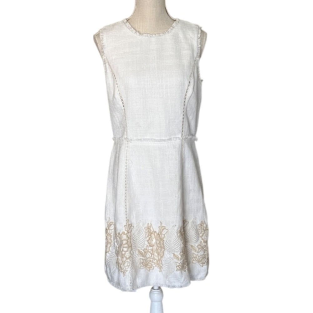 Vince Camuto Sleeveless Embroidered White Beige Sheath Dress - 12‎